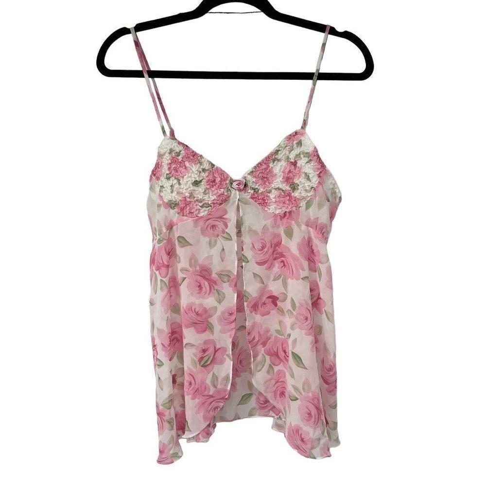 Vintage White Pink Rosette Sheer Baby Doll Tank M Womens - Picture 1 of 8
